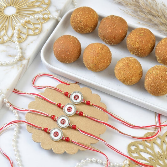 4 Piece Sacred Punjabi Rakhi Collection with Besan Laddu