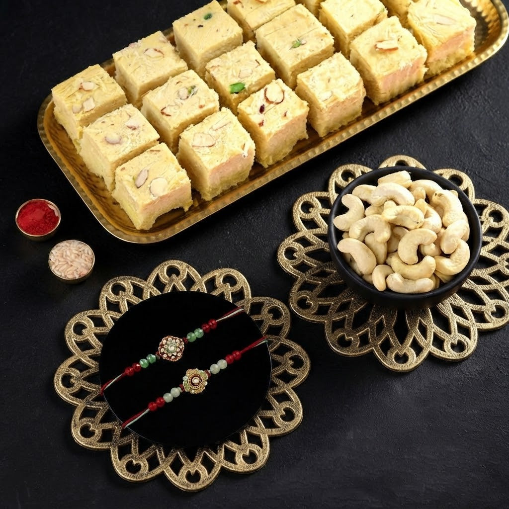 Emerald Bloom Rakhi With Soan Papdi & Cashew Nuts