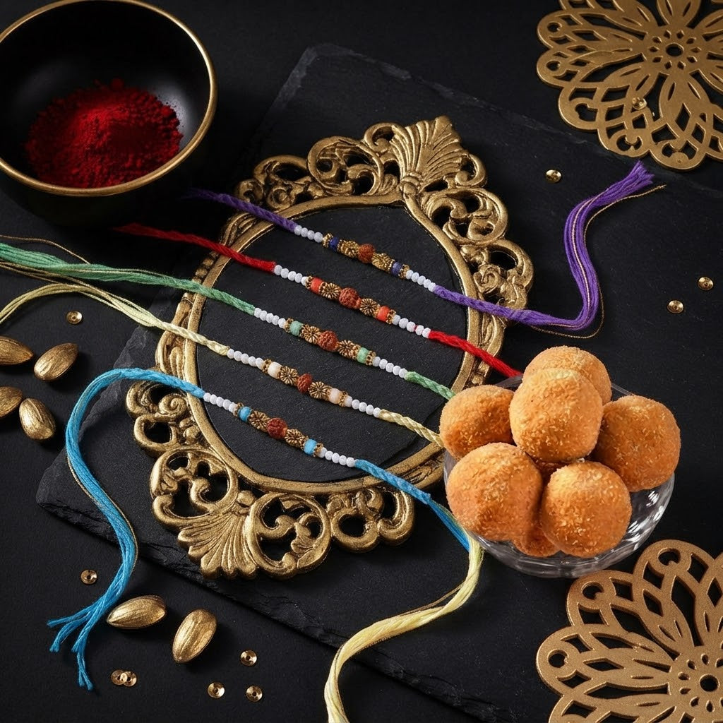 Elegant Rudraksha 5 Set Rakhi With Basan Laddu