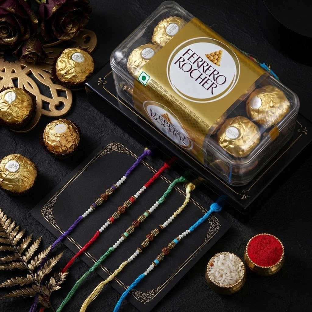 Elegant Rudraksha 5 Set Rakhi With Ferrero Rocher