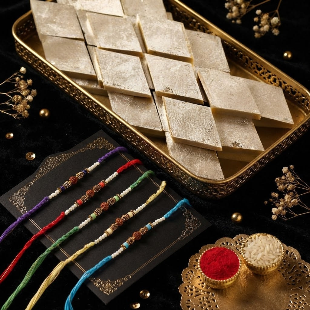 Elegant Rudraksha 5 Set Rakhi With Kaju Katli
