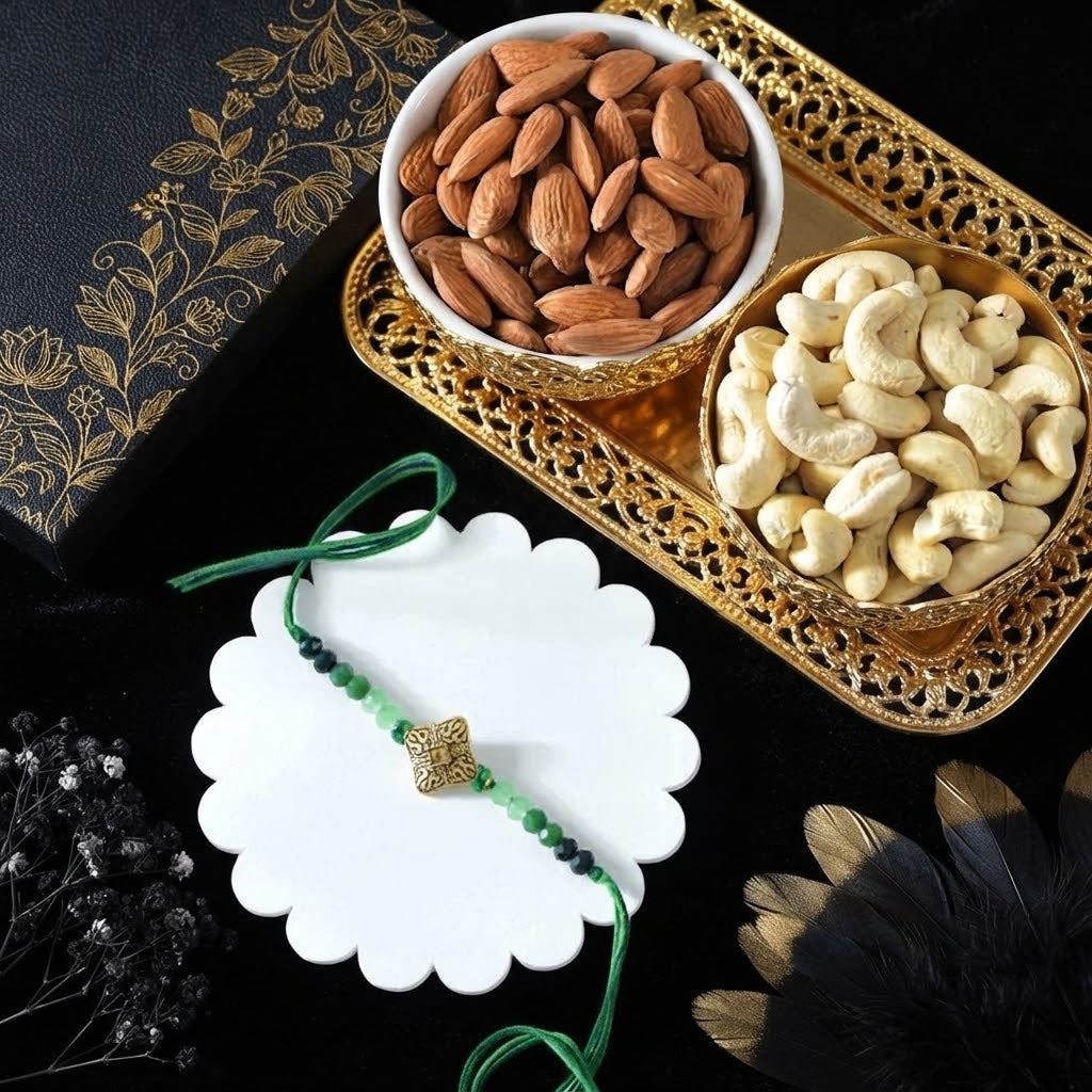 Blessed Golden Mantra Rakhi with Dry Fruits