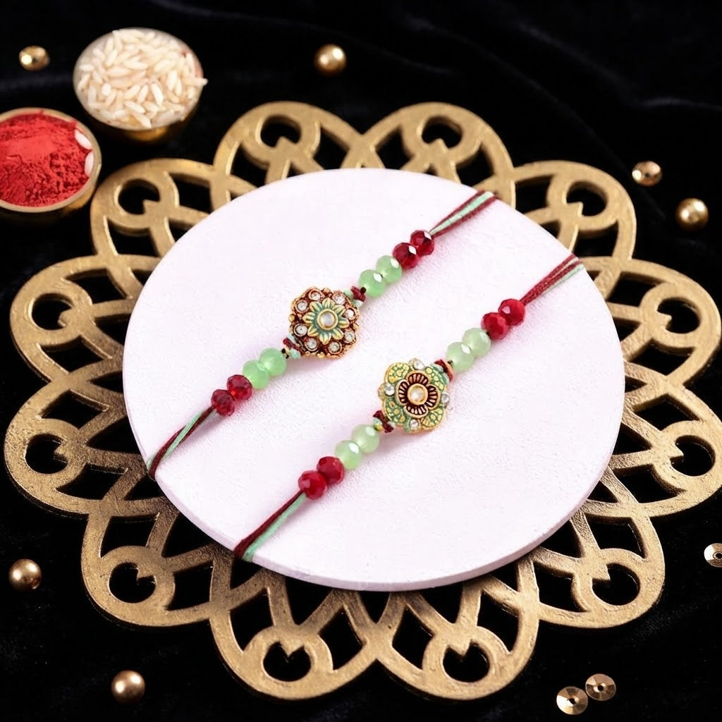 Emerald Bloom Rakhi With Soan Papdi & Cashew Nuts