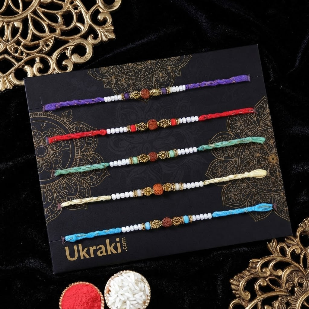 Elegant Rudraksha 5 Set Rakhi With Kaju Katli
