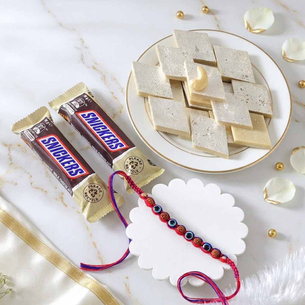 Protective Evil Eye Rudraksha Rakhi with Kaju Katli & Snickers