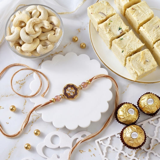 Blushing Rose Gold Flower Rakhi with Celebration Hamper