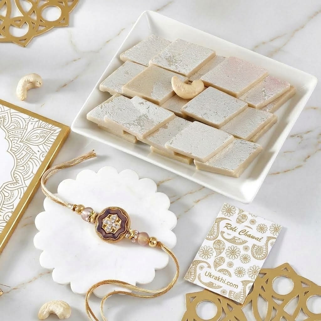 Blushing Rose Gold Flower Rakhi with Kaju Katli