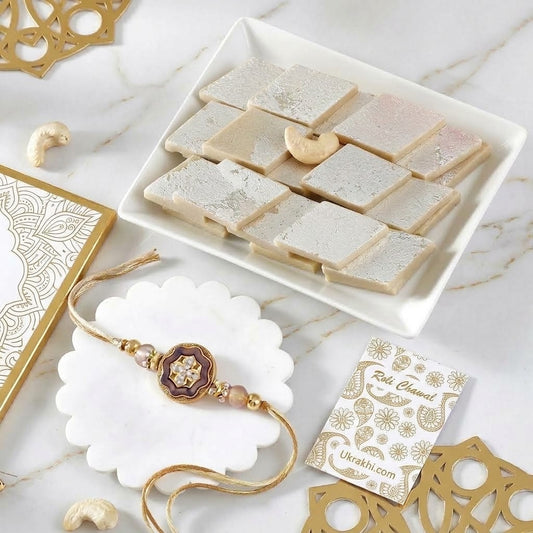 Blushing Rose Gold Flower Rakhi with Kaju Katli