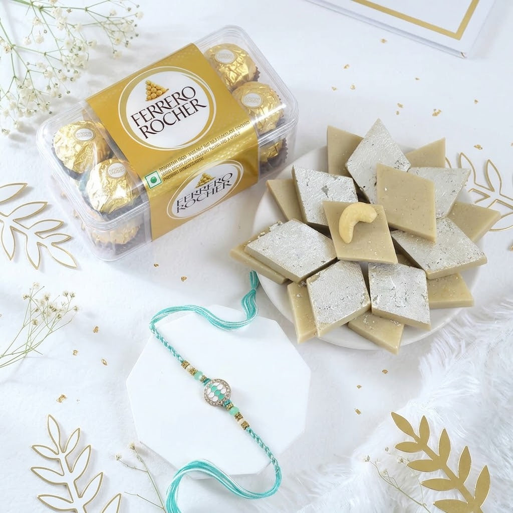 Turquoise Grace Rakhi With Kaju Katli & Ferrero Rocher