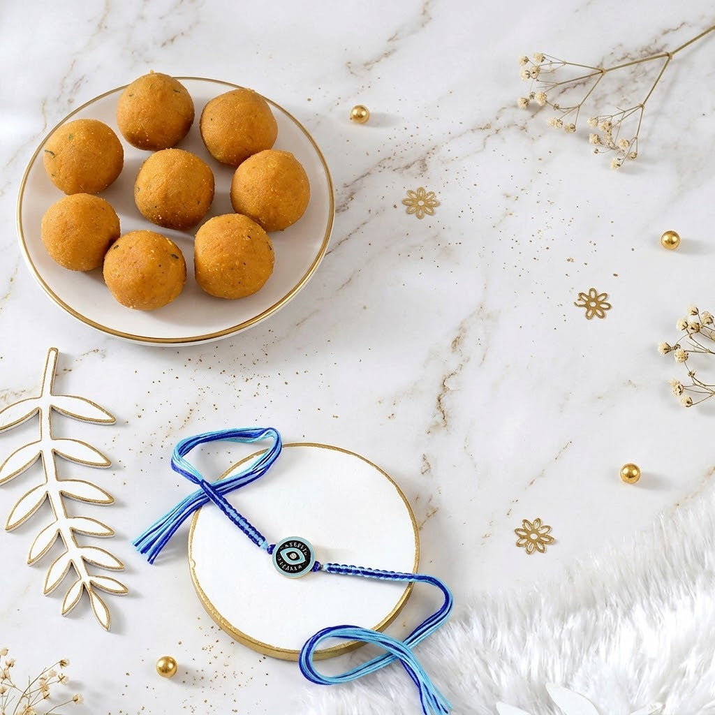 Protective Evil Eye Rakhi with Besan Laddu