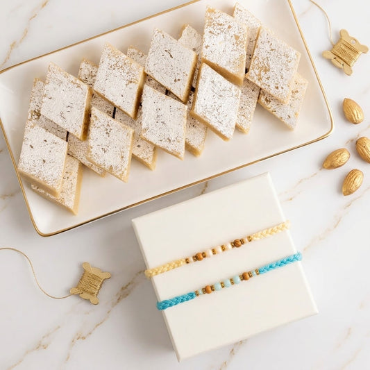 Handcrafted Bead Rakhi Duo With Kaju Katli