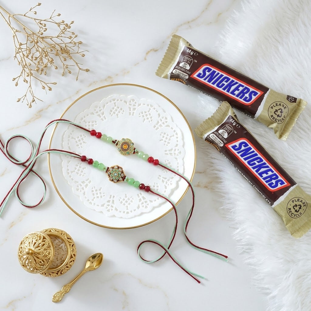 Emerald Bloom Rakhi With Snickers Chocolate