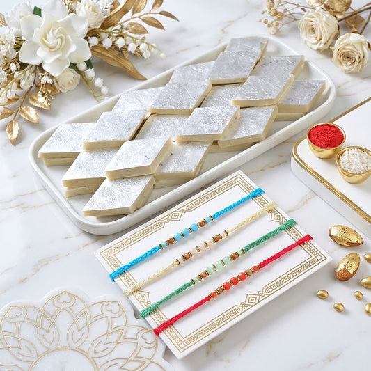 4 Piece Hand Braided Rakhi Collection with Kaju Katli