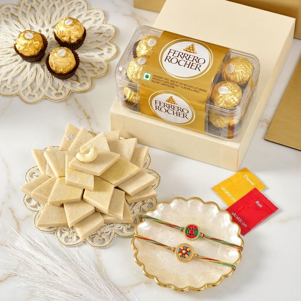 Set of 2 Modern Rakhi With Kaju Katli & Ferrero Rocher