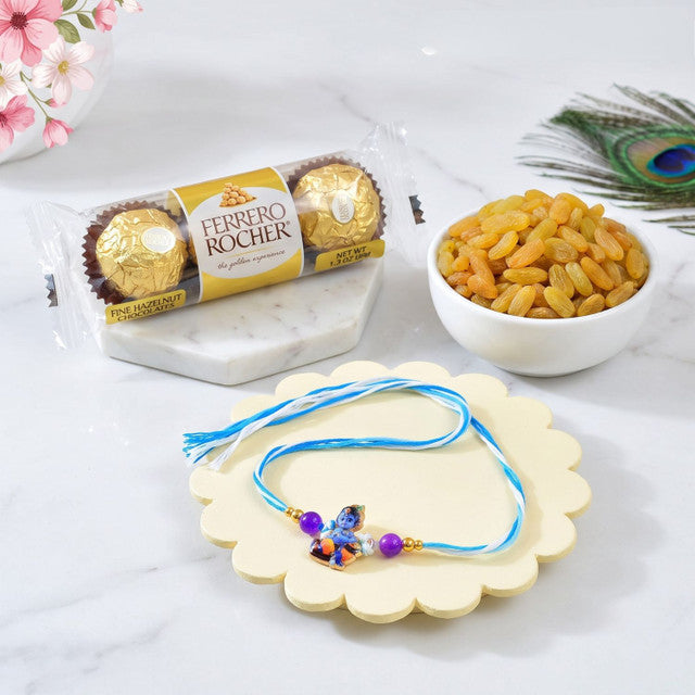 Charming Little Krishna Rakhi for Kids With Ferrero Rocher Chocolate & Dry Fruit