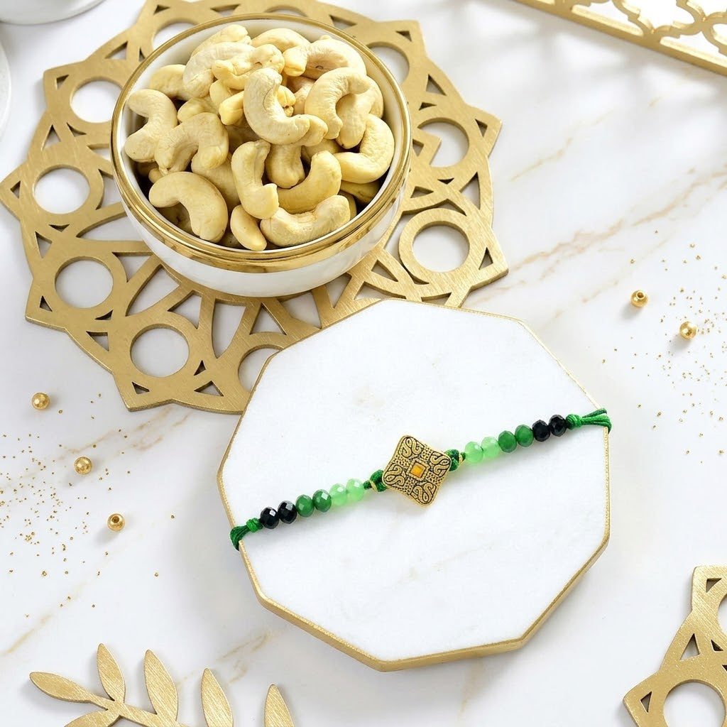 Blessed Golden Mantra Rakhi with cashews
