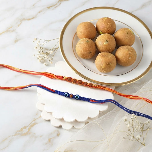 Hand Crafted Rudraksha Heritage Rakhi With Besan Laddu