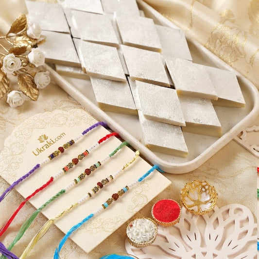 Elegant Rudraksha 5 Set Rakhi With Kaju Katli