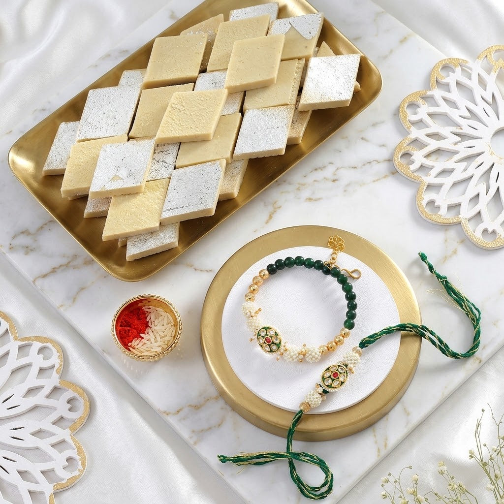 Elegant Golden Green Bhaiya Bhabhi Rakhi With Kaju Katli