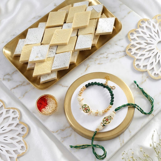 Elegant Golden Green Bhaiya Bhabhi Rakhi With Kaju Katli