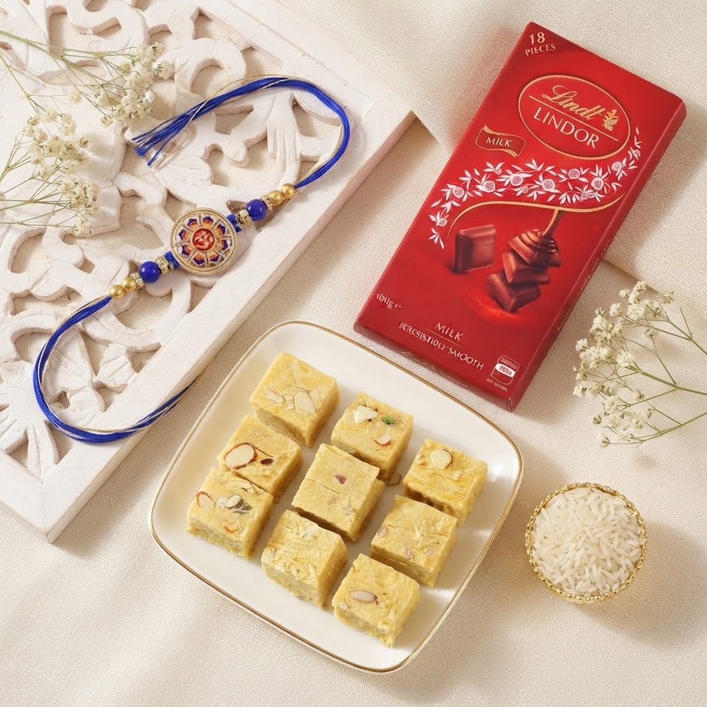 Sacred Om Vinayak Ganesha Rakhi with Soan Papdi & Lindt Milk Chocolate