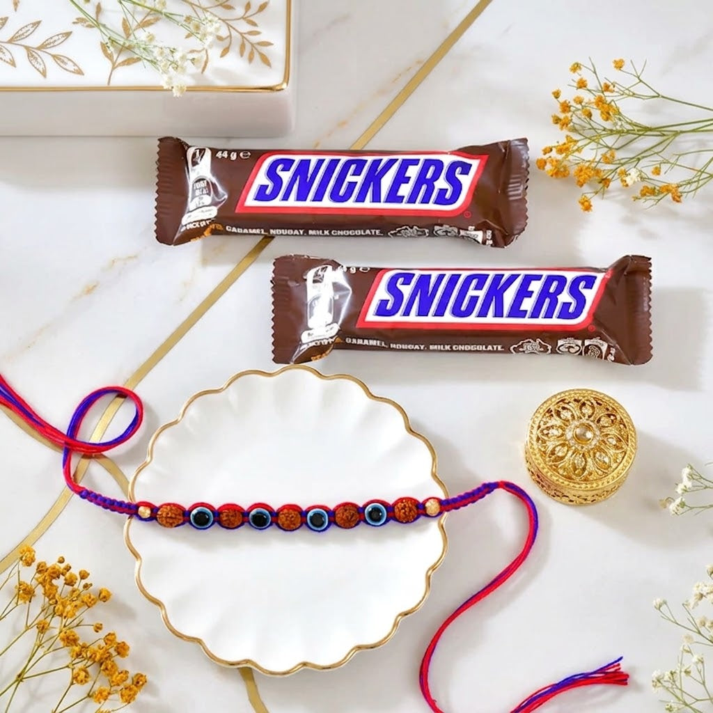 Protective Evil Eye Rudraksha Rakhi with Snickers Chocolates