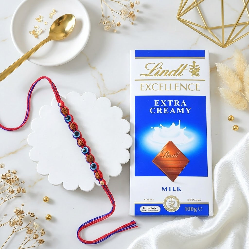 Protective Evil Eye Rudraksha Rakhi with Lindt Extra Creamy Milk Chocolate