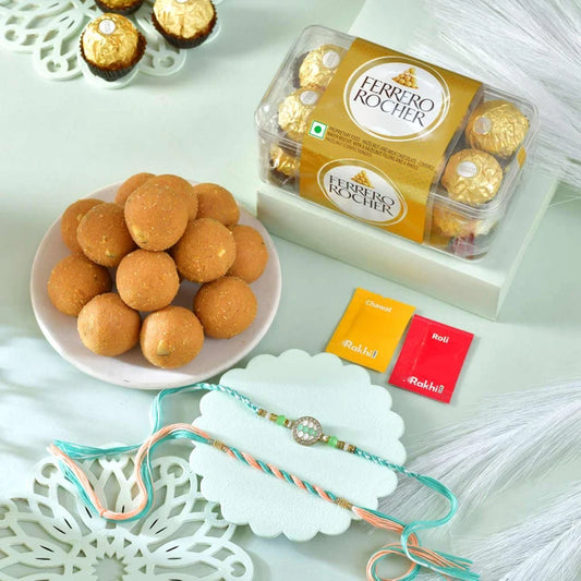 Turquoise Royale Rakhi Set  With Besan Laddu & Ferrero Rocher