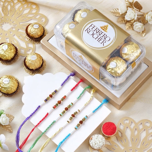 Elegant Rudraksha 5 Set Rakhi With Ferrero Rocher