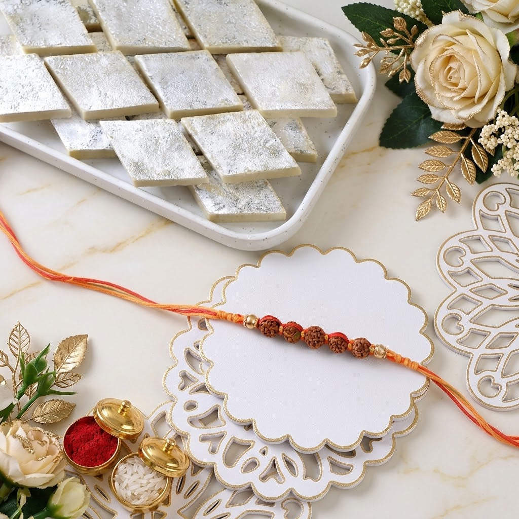 Cherished Kesariya Rudraksh Rakhi With Kaju Katli