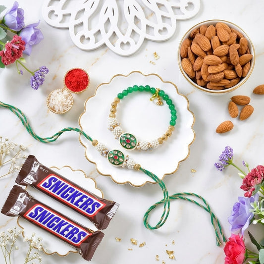 Elegant Golden Green Bhaiya Bhabhi Rakhi With Snickers Chocolate & Almonds