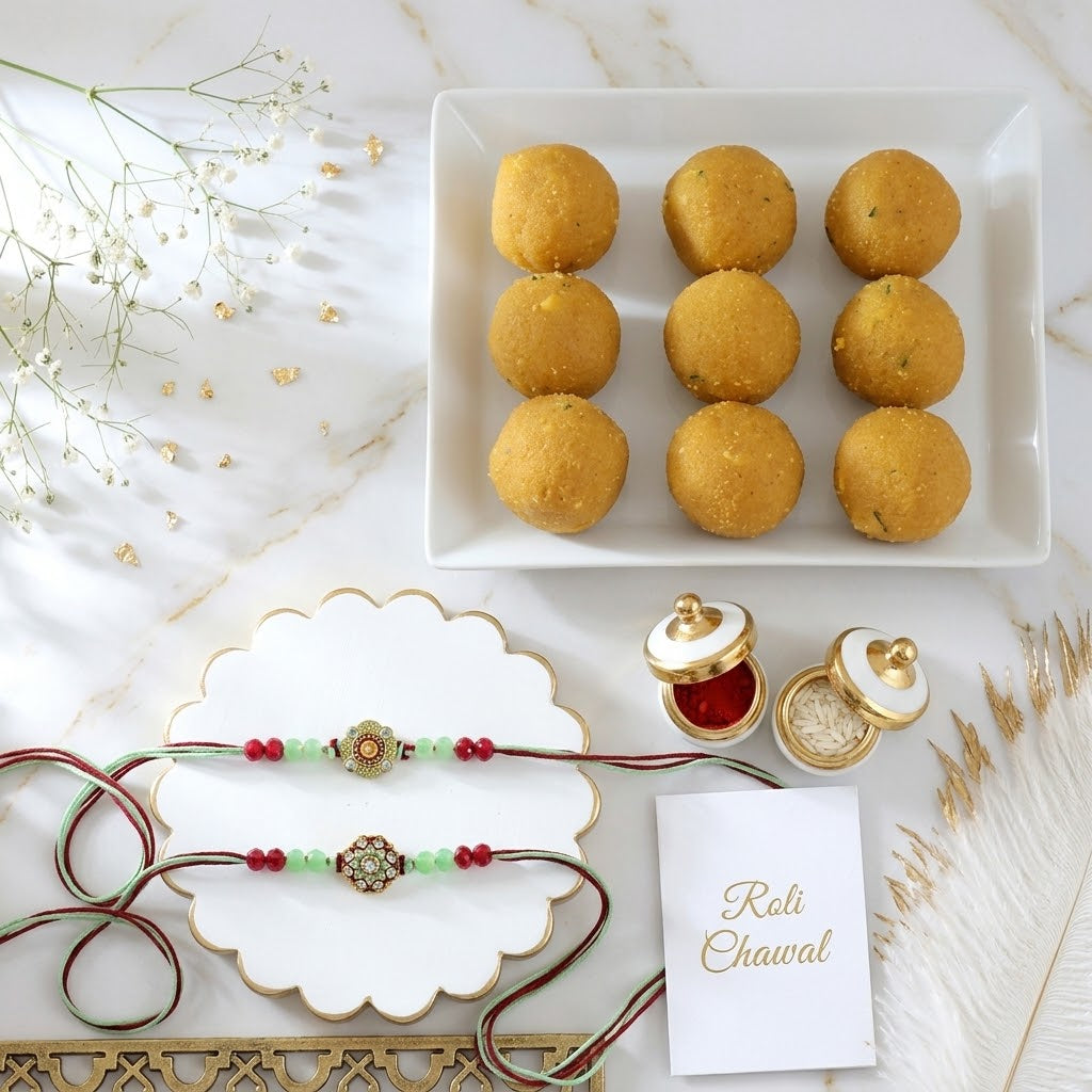 Emerald Bloom Rakhi With Besan Laddu