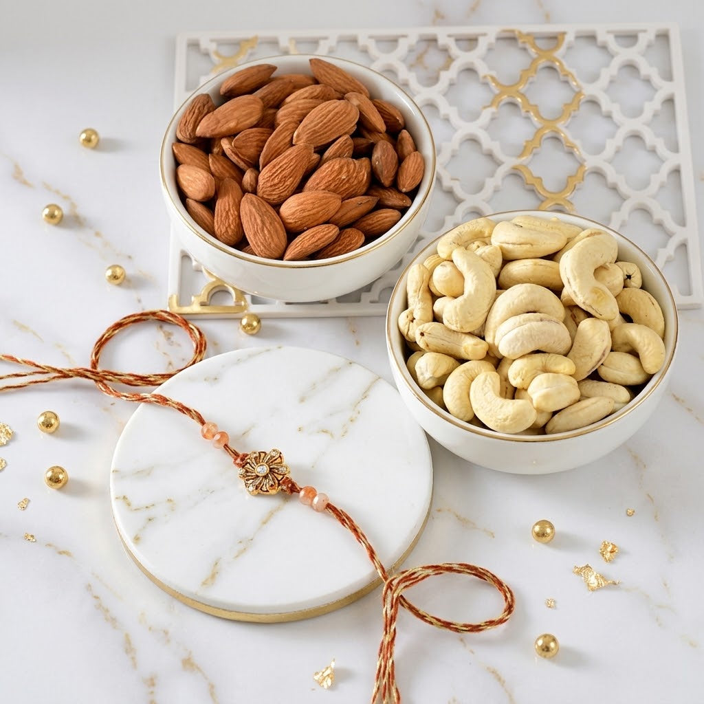 Timeless Golden Flower Rakhi with Assorted Nuts
