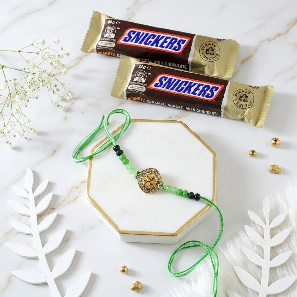 Olive Gold Royal Rakhi With Snicker Chocolate