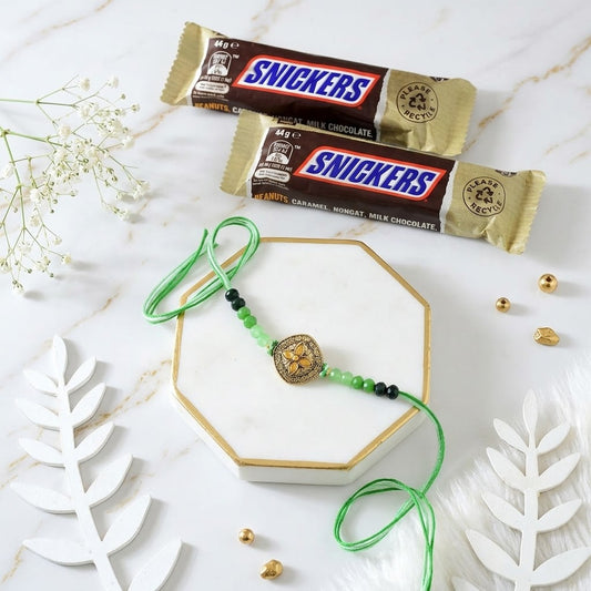 Olive Gold Royal Rakhi With Snicker Chocolate