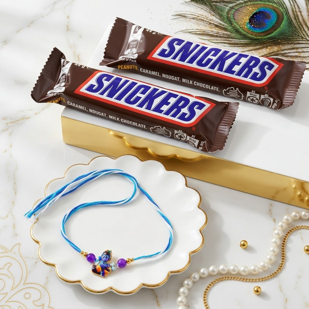 Charming Little Krishna Rakhi for Kids With Snicker Chocolate