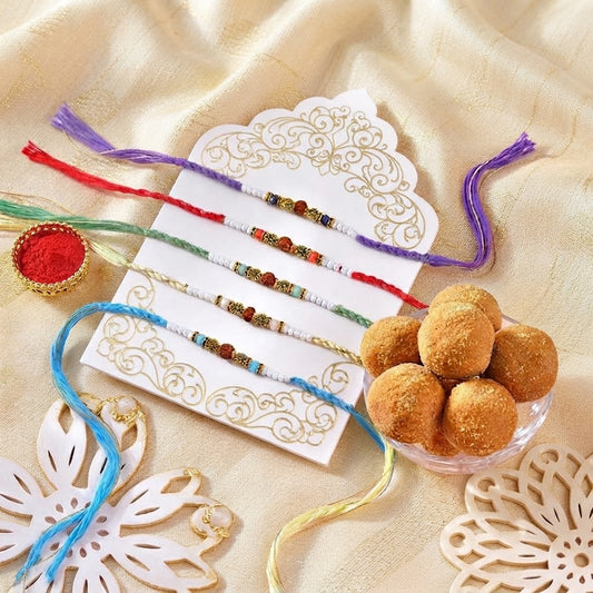 Elegant Rudraksha 5 Set Rakhi With Basan Laddu
