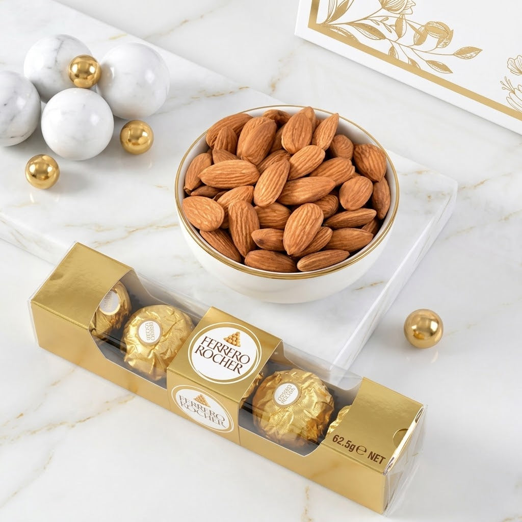 Timeless Golden Flower Rakhi with Almond & Ferrero Rochers