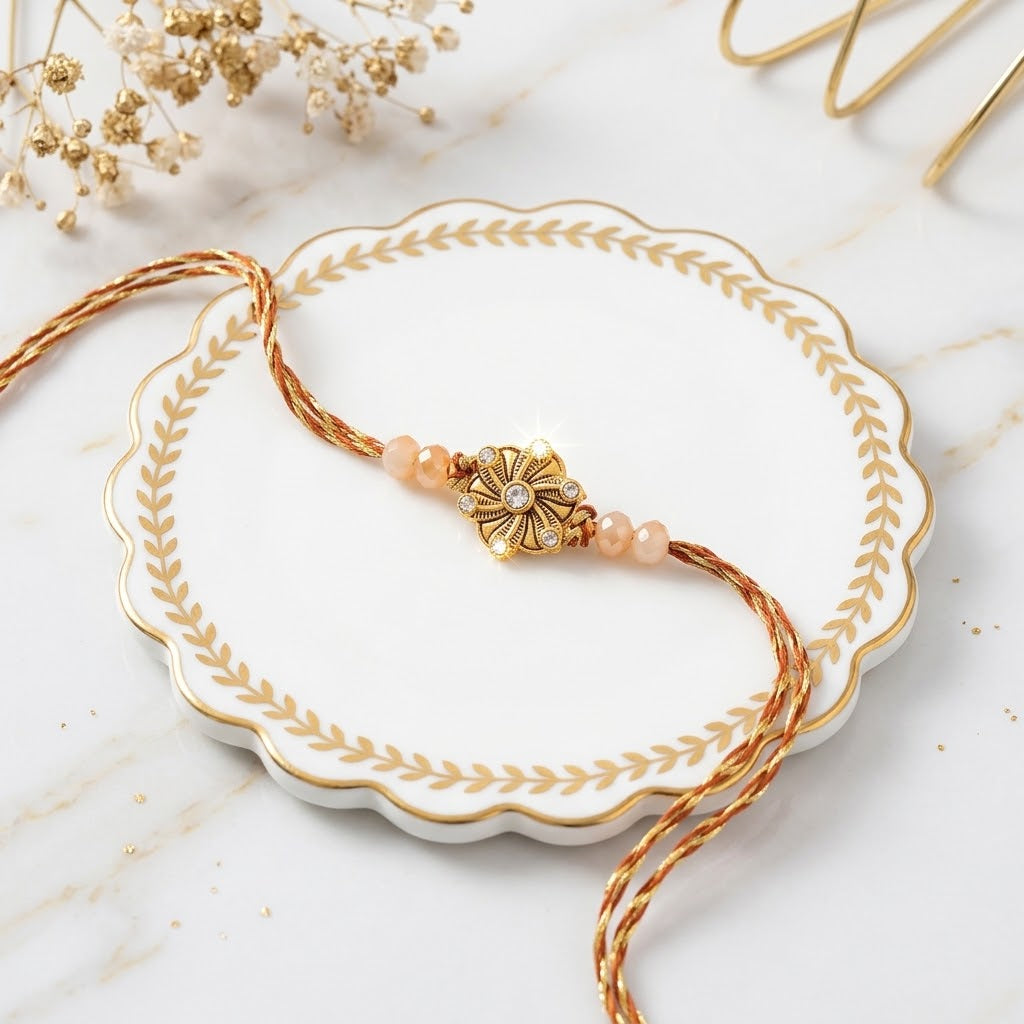 Timeless Golden Flower Rakhi with Almond & Ferrero Rochers