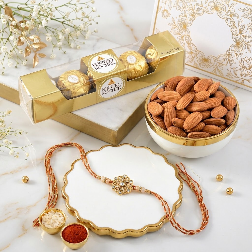 Timeless Golden Flower Rakhi with Almond & Ferrero Rochers
