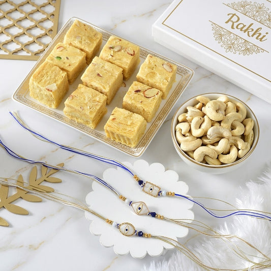 Set of 3 Elegant Evil Eye Rakhi with Sweets & Nuts