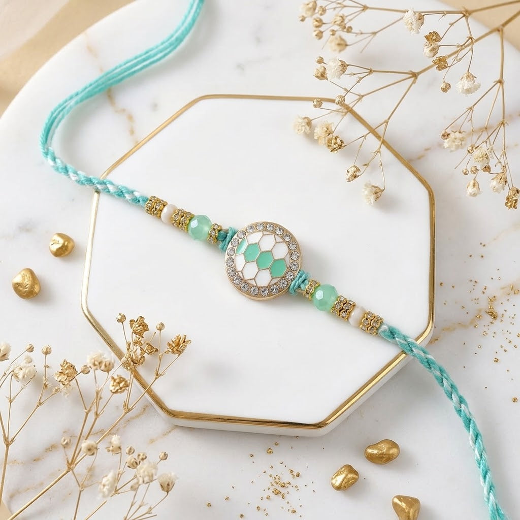 Turquoise Grace Rakhi With Kaju Katli