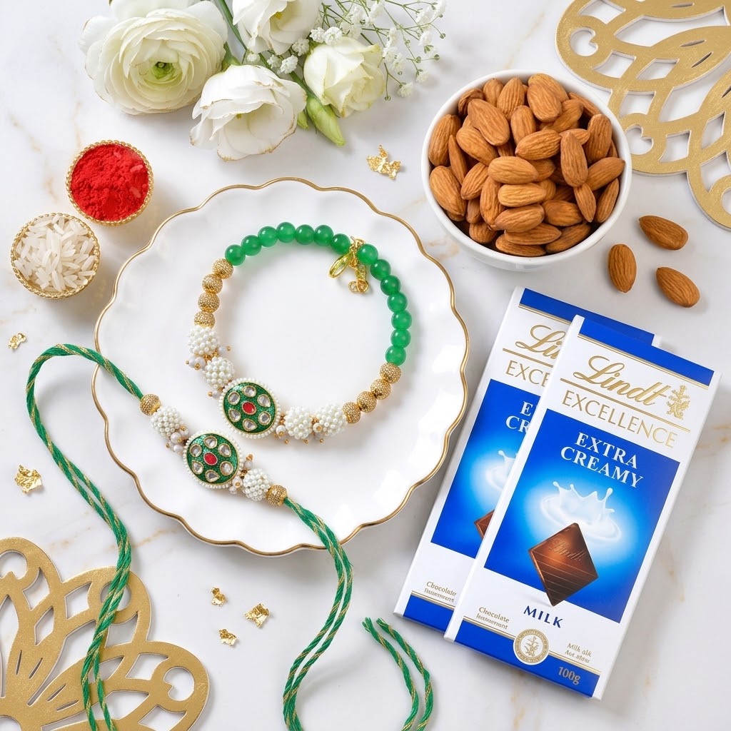 Elegant Golden Green Bhaiya Bhabhi Rakhi With Lindt Chocolate & Almonds