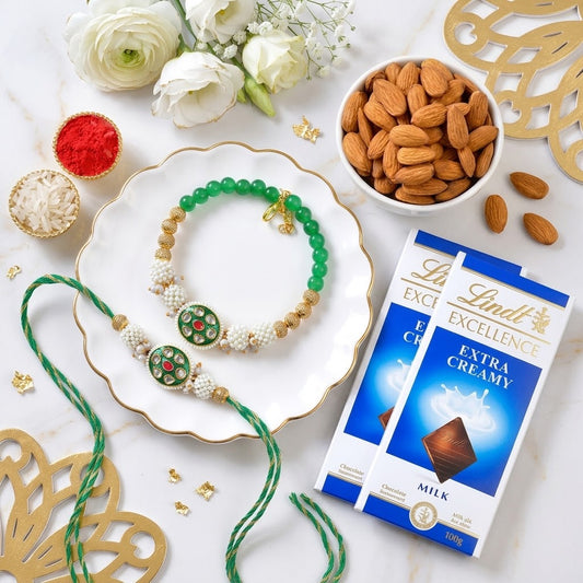 Elegant Golden Green Bhaiya Bhabhi Rakhi With Lindt Chocolate & Almonds