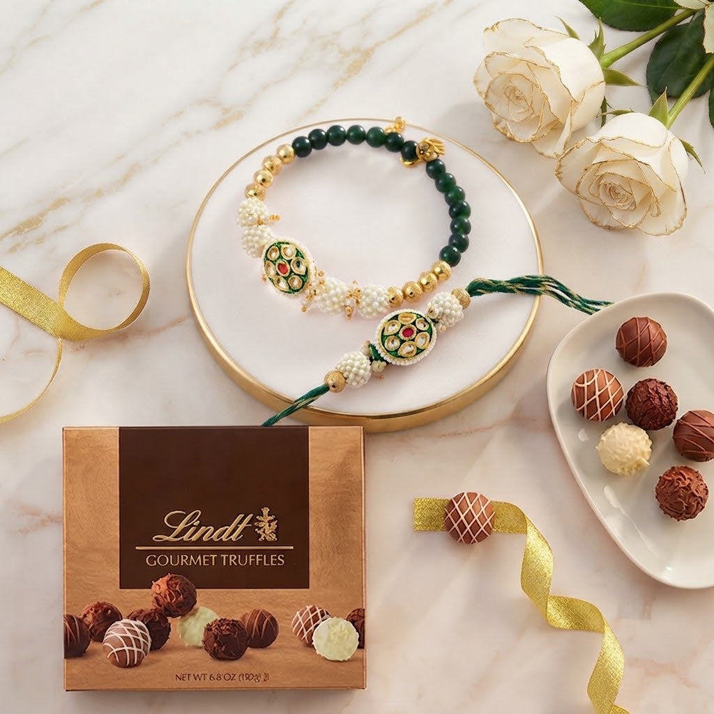 Elegant Golden Green Bhaiya Bhabhi Rakhi With Luxury Lidt Truffle