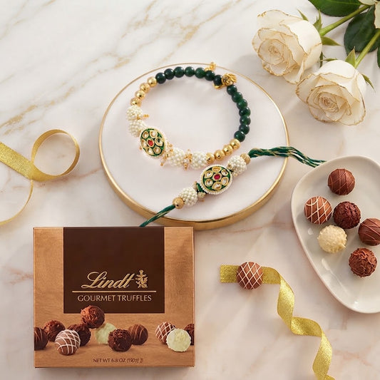 Elegant Golden Green Bhaiya Bhabhi Rakhi With Luxury Lidt Truffle