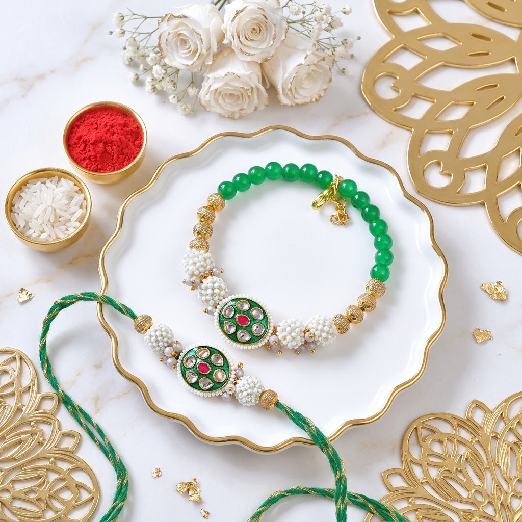 Elegant Golden Green Bhaiya Bhabhi Rakhi With Snickers Chocolate & Almonds