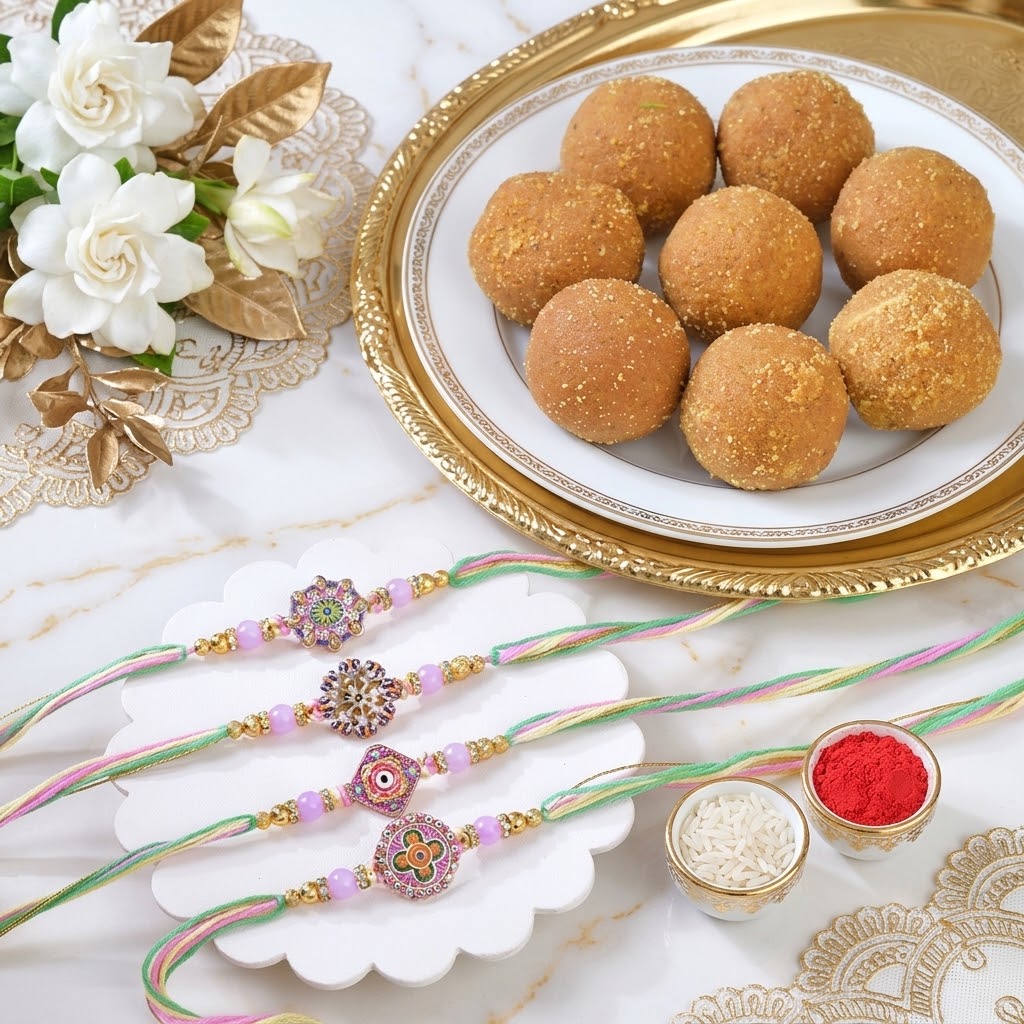 Designer 4-Piece Rakhi Collection with Traditional Besan Laddu