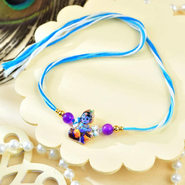 Charming Little Krishna Rakhi for Kids With Snicker Chocolate