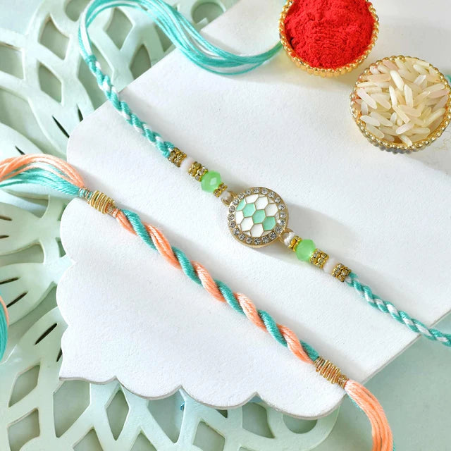 Turquoise Royale Rakhi Set With Lindt Chocolate & Ferrero Rocher